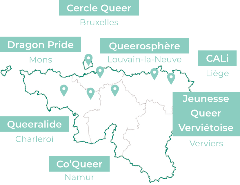 carte de la Fédération Wallonie-Bruxelles avec des pins indiquant les villes dans lesquelles se situent les groupes locaux de Pixiels, et des étiquettes bleu clair portant le nom de chacun de ces pôles.